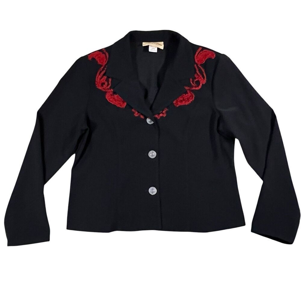 New Frontier Western Crop Black Blazer Jacket Red Floral Embroidery Size Large